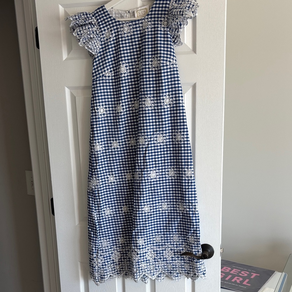 Sail to Sable Navy and White Gingham Dress with Floral Embroidery - Picture 2 of 8